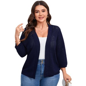 YESFASHION Womens Plus Size Summer Cardigan 3/4 Length Sleeve Sweaters Lightweight Casual Knitted Open Front Cardigans - 1 of 4