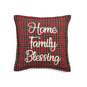 20"x20" Oversize 'Home Family Blessing' Plaid Embroidered Family-Friendly Square Pillow Cover Red - Lush Décor: Traditional Style - 1 of 4