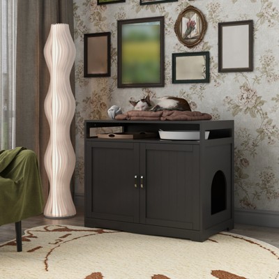 Cat Litter Box Enclosure, Cat Washroom Litter Box Furniture with Open Storage Shelf,  Multi-Functional Storage Bench, Cat House Pet Supplies