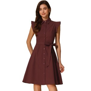 Allegra K Women's Cotton Ruffled Cap Sleeve Tie Waist Button Casual Office Shirt Dress - 1 of 4