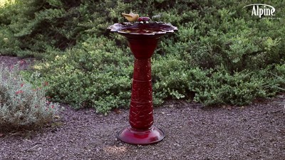 Red Metal Bird Bath with Birds and Leaves, 28-Inch