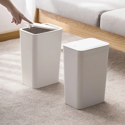 LunaLulinlk 2 Pack Plastic Trash Can with Press Top Lid, 2.6 gal Modern Garbage Can, Small Wastebasket for Bathroom, White