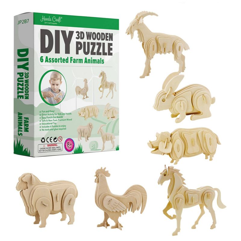 6pk Wooden Puzzle Farm Animals Bundle Set - Hands Craft, 1 of 4