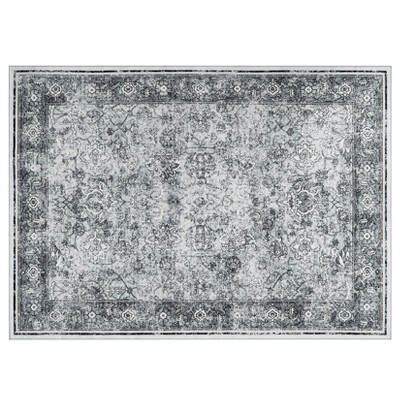 Area Rug Washable Rug Vintage Traditional Distressed Indoor Foldable Thin Retro Accent Floral Print Non Slip Carpet Gray Tone