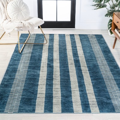 Blue and Cream Striped Machine-Washable Synthetic Area Rug