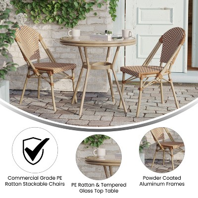 Natural & White Bamboo Bistro Set with Glass Top Table and Aluminum Frame
