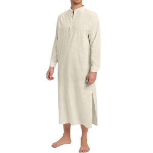 Men's Kaftan Robe Long Sleeve Thobe Button Down Henley Casual Side Split Gown Shirt - 1 of 4