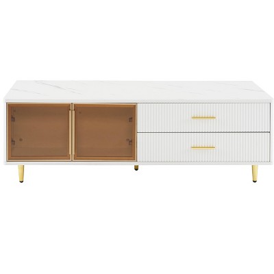 Vynxaria White Coffee Tables with Glass Storage and Gold Accents