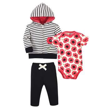 Touched by Nature Baby and Toddler Girl Organic Cotton Hoodie, Bodysuit or Tee Top, and Pant, Poppy