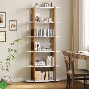 6 Tier Industrial Bookshelf 71 Inch Tall Narrow Wooden Bookcase with Iron Frames Compact Open Display Shelving Unit - 1 of 4