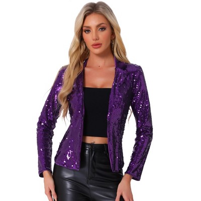 INSPIRE CHIC Women's Velvet Contrast Collar Shiny Metallic Cropped Sequin Blazers
