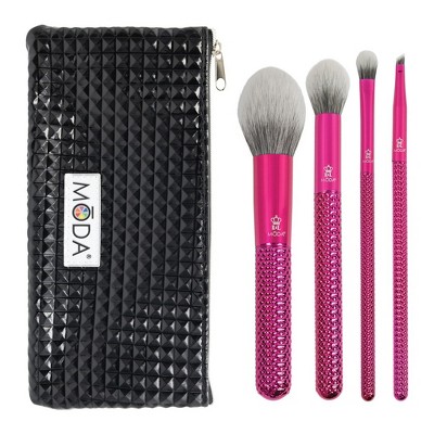 MODA Brush Metallics 5pc Picture Perfect Pink Makeup Brush Set with Black Studded Zip Case, Includes - Blush, Contour, Shader and Angle Liner Brushes