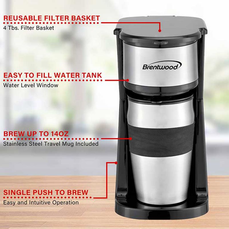 Brentwood Portable Single Serve Coffee Maker with 14oz Travel Mug in Black, 5 of 6