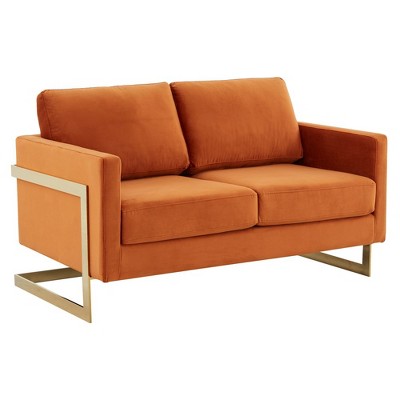 LeisureMod Lincoln Mid-Century Modern Upholstered Velvet Loveseat with Gold Frame