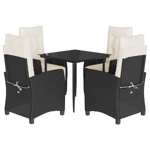 vidaXL 5 Piece Patio Dining Set with Black PE Rattan and Cushions - Adjustable Reclining Chairs & Glass Tabletop - 1 of 4