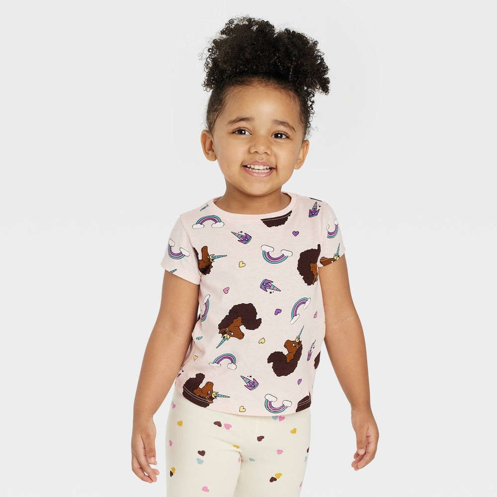 Toddler Girls' Afro Unicorn Printed T-Shirt - Pink 18M