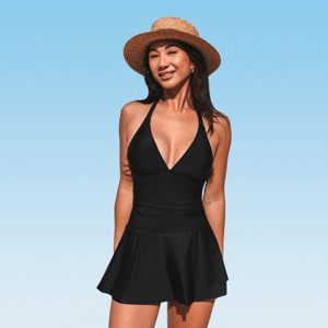 Women's Chic V Neck Plunge Halter Self Tie One Piece Swim Dress - Cupshe - 1 of 4