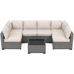7-Piece Outdoor Patio Furniture Set - All-Weather PE Wicker Sectional Sofa with Cushions and Glass Coffee Table, Modular 6-Seater Living Room Set - 1 of 4