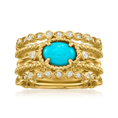 Ross-Simons Turquoise and 0.30 ct. t.w. White Topaz Ring in 18kt Gold Over Sterling