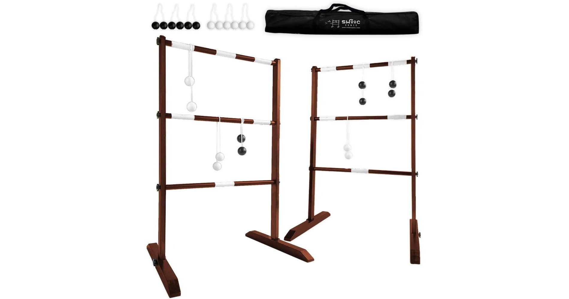 SWOOC Games - Premium Wooden Ladder Ball Game Set (Weather Resistant) - 10 Games Included & Carrying Case - Easy, No Tool Assembly - Ladder Toss