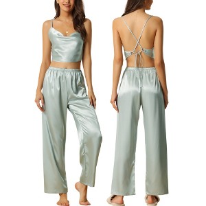 cheibear Women's Satin Cowl Neck Sleeveless Crop Cami Sleepwear with Pants Sliky Lounge Set - 1 of 4