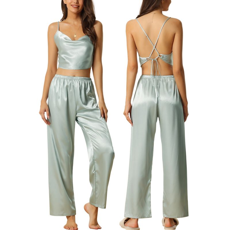 cheibear Womens Satin Pajamas Cowl Neck Sleeveless Crop Cami Sleepwear with Pants Sliky Lounge Set, 1 of 6