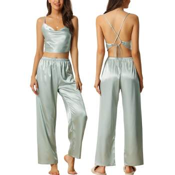 cheibear Womens Satin Pajamas Cowl Neck Sleeveless Crop Cami Sleepwear with Pants Sliky Lounge Set
