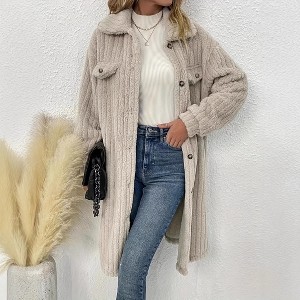 Women's Long Button Up Coat Cozy Ribbed Long Sleeve Open Front Casual Coat - 1 of 3