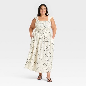 Women's Sleeveless Modern Gauze Femme Ruched Maxi Dress - A New Day  Cream/Black Dot 1X : Target