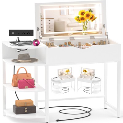 Besiost Flip-Top Makeup Dressing Table with mirror and Drawer, Small Vanity Desk with Charging Station
