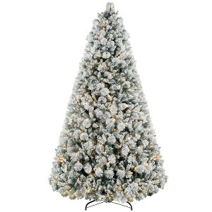 Whisen 9FT Prelit Flocked Christmas Tree, Realistic Fraser Fir Look, 750 Warm Lights, Flame-Retardant & Stable Steel Frame - Green - 1 of 4