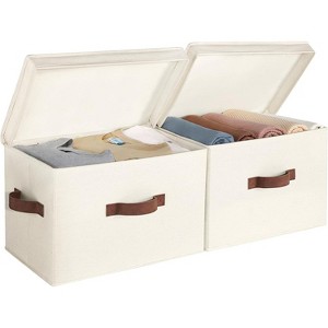 Fabric Storage Bins with Lid, Decorative Boxes for Shelves, Closet Organizer Basket with Handles, Large, Ivory White, 2-Pack - 1 of 4