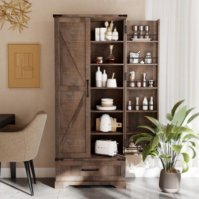 SinCiDo 72" Farmhouse Storage Cabinet, Kitchen Storage Upright Cabinet, w/ 2 Barn Doors & Adjustable Shelves, a Drawers,Multi Functional Large Cabinet