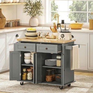 Resenkos Kitchen Island with Rubberwood Top, Drawers, Spice Rack, and Towel Bar, - 1 of 4