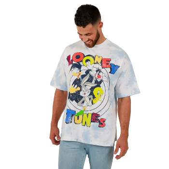 Looney Tunes Characters In Spiral Logo Crew Neck Short Sleeve Oversized Drop Shoulder White & Blue Wash Men's T-shirt