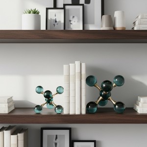 Decorative Glass and Metal Jack Bookends - Elegant Book Accessories for Bookshelf, Office, Library, and Desk Decor - Set of 2, 7", 5", Green - 1 of 4