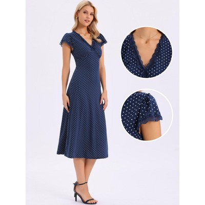 Женские платья INSPIRE CHIC Women's Summer Polka Dot Cap Sleeve V Neck Lace Trim Decor Casual Midi Dresses Medium Navy Blue — фото 2