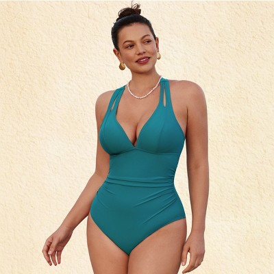 Women's Teal Blue Tide DD+ Ruched One-Piece Swimsuit -Cupshe