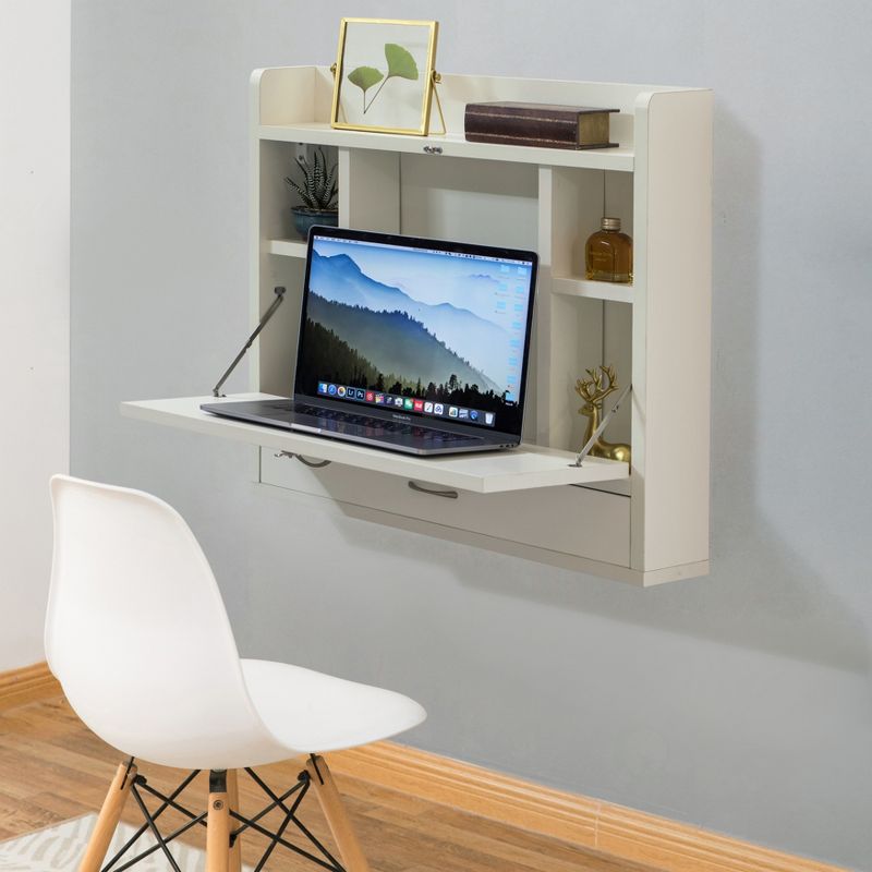 Basicwise Wall Mount Folding Laptop Writing Computer or Makeup Desk with Storage Shelves and Drawer, 2 of 6