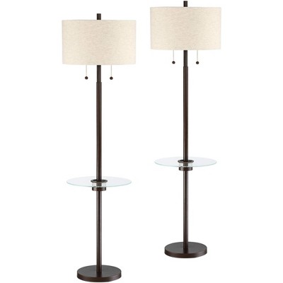 Possini Euro Design Modern Floor Lamps Set of 2 with Tray Table USB and AC Power Outlet Bronze Off White Drum Shade Living Room