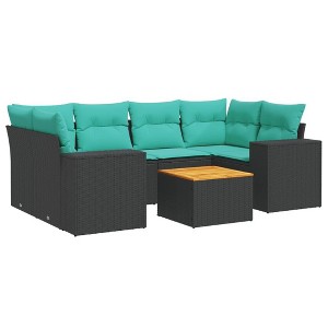 vidaXL 7 Piece Patio Sofa Set with Cushions Black and Blue Poly Rattan - 1 of 4