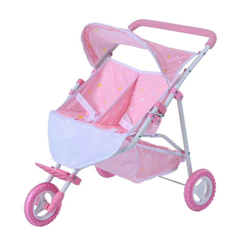 Olivia's Little World Double Twin Baby Doll Pram Stroller Pink Stars OL-00012, 1 of 14