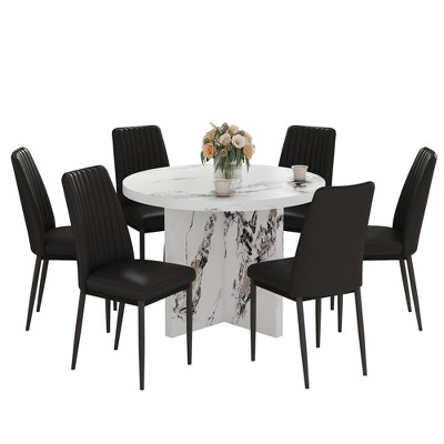 ChicFurnit Dining Sets Modern 7 Piece Round Dining Table Set with Upholstered Chairs for Dining Room Kitchen, White and Black, 46.85"*46.85"*10.04"