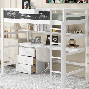 Twin Size Loft Bed with Desk, Blackboard, Storage Box, Shelf and 3 Drawers, Gray/White-ModernLuxe - 1 of 4