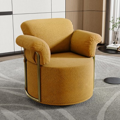 360° Swivel Boucle Barrel Chair, Upholstered Armchair with Gold Metal Legs, Comfortable Round Accent Chair for Living Room - Koiai