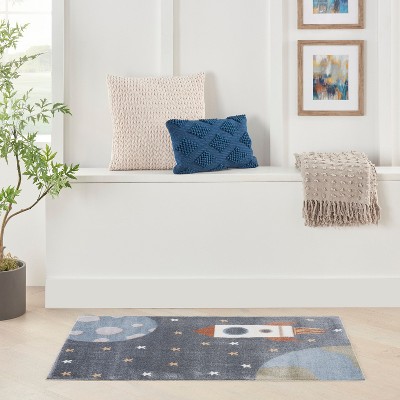 Sky Blue Rectangular Kids Rug with Rocket Design, 2'2" x 4'
