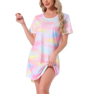 cheibear Women's Curved Hem Round Neck Short Sleeve T-shirt Dress Sleepshirt - 1 of 4