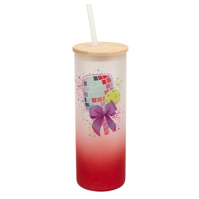 Elanze Designs 25 Ounce Frosted Glass Gradient Travel Tumbler With Straw and Wooden Lid, Disco Pickleball Paddle Red