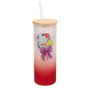 Elanze Designs 25 Ounce Frosted Glass Gradient Travel Tumbler With Straw and Wooden Lid, Disco Pickleball Paddle Red - 1 of 1