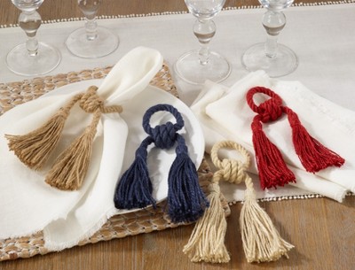Set of 4 Beige Jute Tassel Napkin Rings